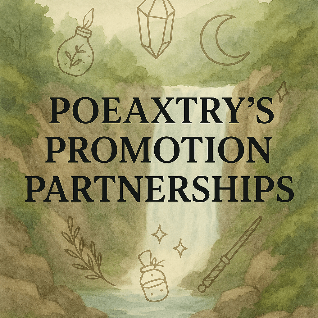 Poeaxtry's Promtion Partnerships text in black over drawn waterfall with crystals and herbs floating in the margins
