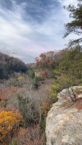 Conkle's Hollow Rim trail, one of many overlooks boasting autumn leaf treetop views, clear skys, and stone cliffs