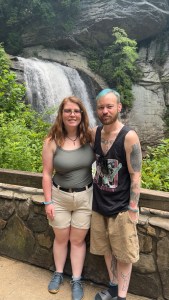 Jade (my sister) and I in front of Looking glass falls on the road