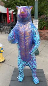 Painted blue and purple bear statue in Hendersonville, North Carolina