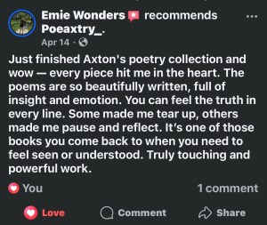 Emie W. recommends on Facebook, “every piece hit her in the heart, beautifully written, full of emotion"