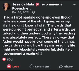 Jessica H. Tarot reading, pulled cards perfectly, was able to talk after til understanding reached, recommends reading