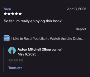 Sara etsy 5 stars - really enjoying I like to read you like to watch the life drain out of a person so far- 5 stars - Etsy