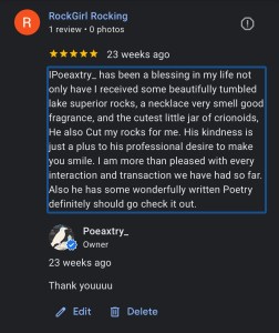 RockGurl- Google Business 5 stars - "Tumbled & sliced rocks"