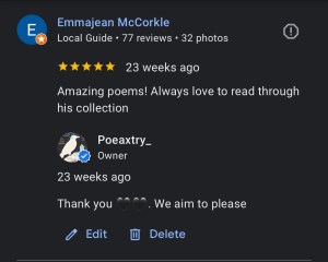 Emmajean M. on Google Business- 5 stars "Amazing poems, always love to read through his collections"