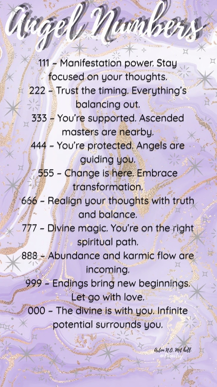 Angel numbers grimore insert purple background gold and silver stars with white and black font