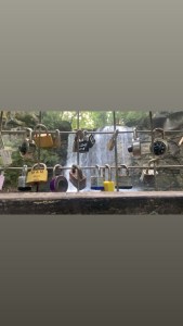 Locks on the wooden fence of the viewing deck for hayden falls in Dublin 