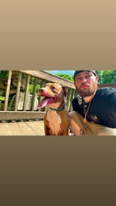 Luna the red-nosed American Pitbill & Axton on the wooden boardwalk at Cascade Falls in Elyria, Ohio