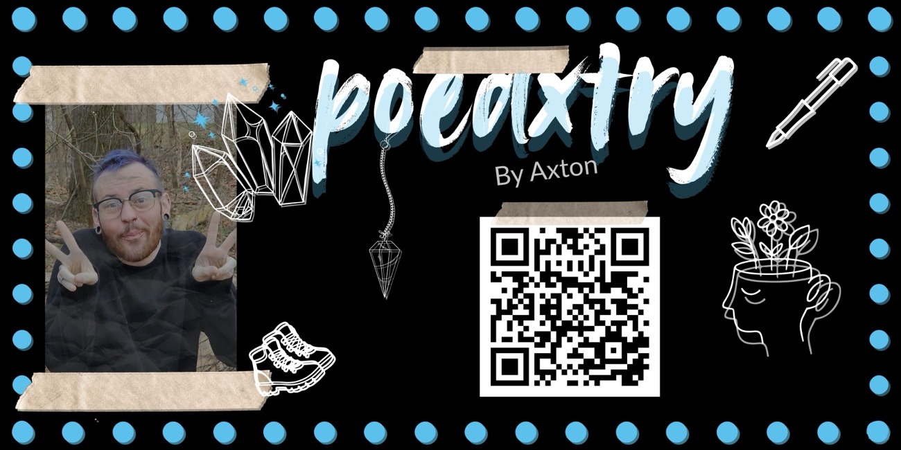 Poeaxtry by Axton Digital Business Card black Background. Photo of axxton and boots, pendulum, brain planter, and pen motif