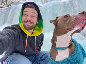 Luna & Axton in front of the fall