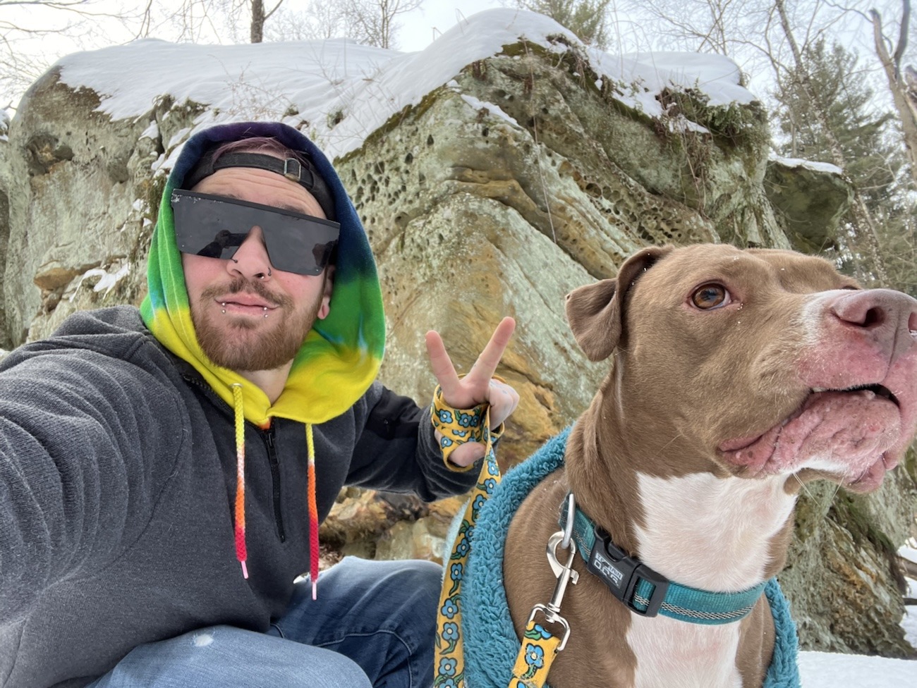 Hemlock Falls Trail Luna and Axton in front of a ledge