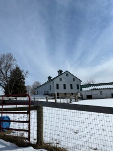 White farm surrounded by fencing of metal and wood and white snow