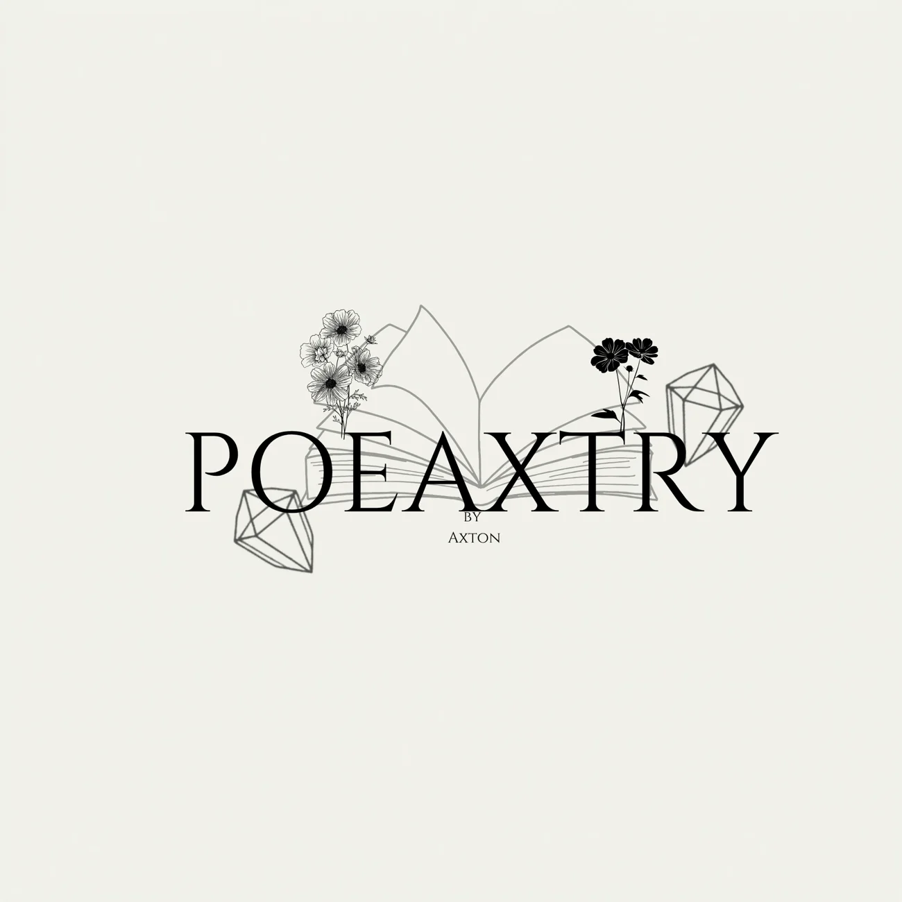 Poeaxtry by Axton logo. flower, prism, and book line art, words