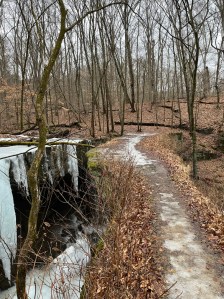 Rockbridge covered in dead leaves and part of the semi-frozen waterfall next to it 