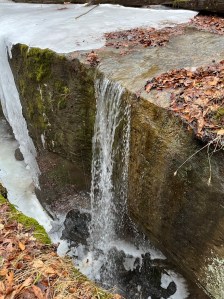 View of small semi thawed waterfall with moss on rocks and dead leaves surrounding 