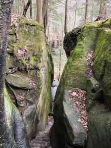 Rocks frame the photo covered in moss surrounded by bare trees, showing the fat man squeeze
