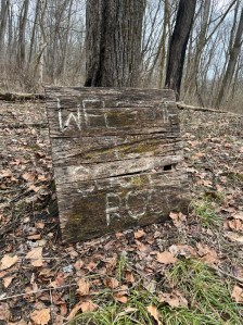 Carved on not legible wooden sign marking where the trail I started off storybook trail was. 